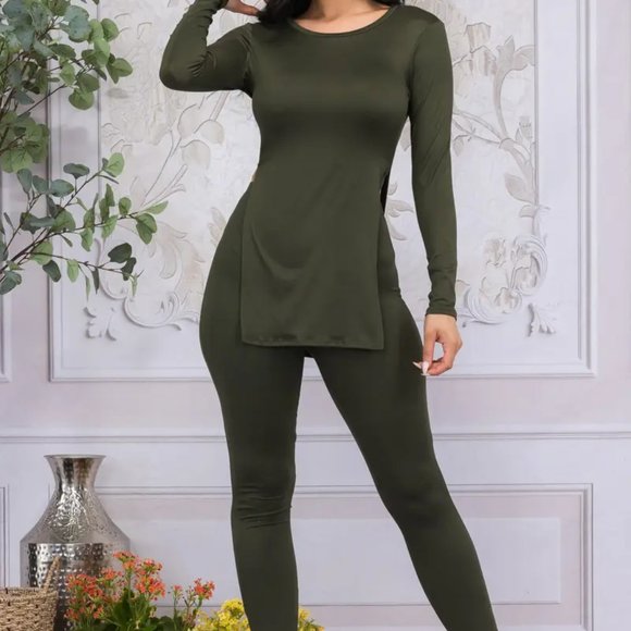 Long Sleeve Top and Pant Set- HUNTER GREEN COLOR - Picture 2 of 3